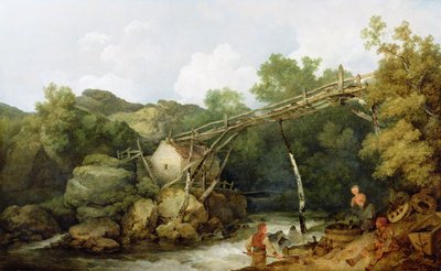 Una vista vicino a Matlock, Derbyshire con figure che lavorano sotto un trasportatore di legno, 1785 da Philippe Jacques de Loutherbourg